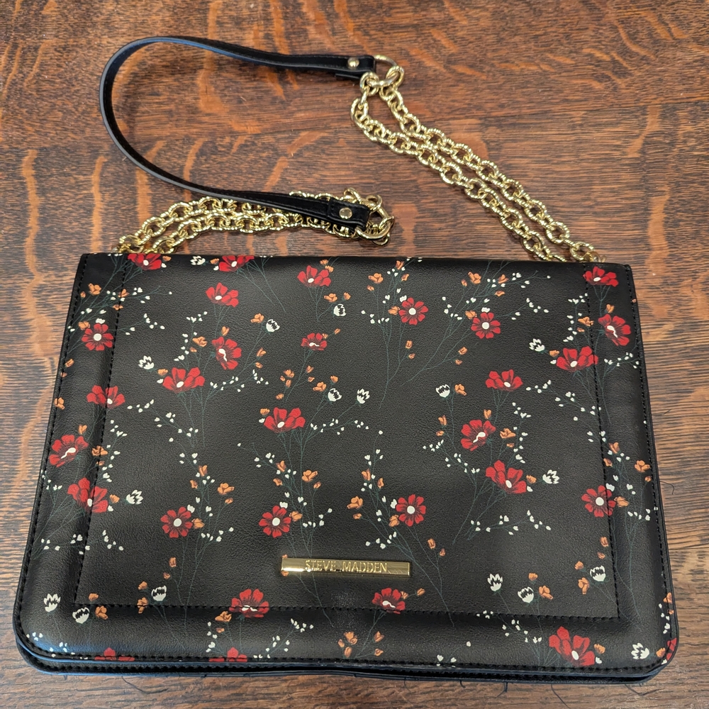 Steve Madden Black and Red Floral Shoulder Bag with Gold Chain